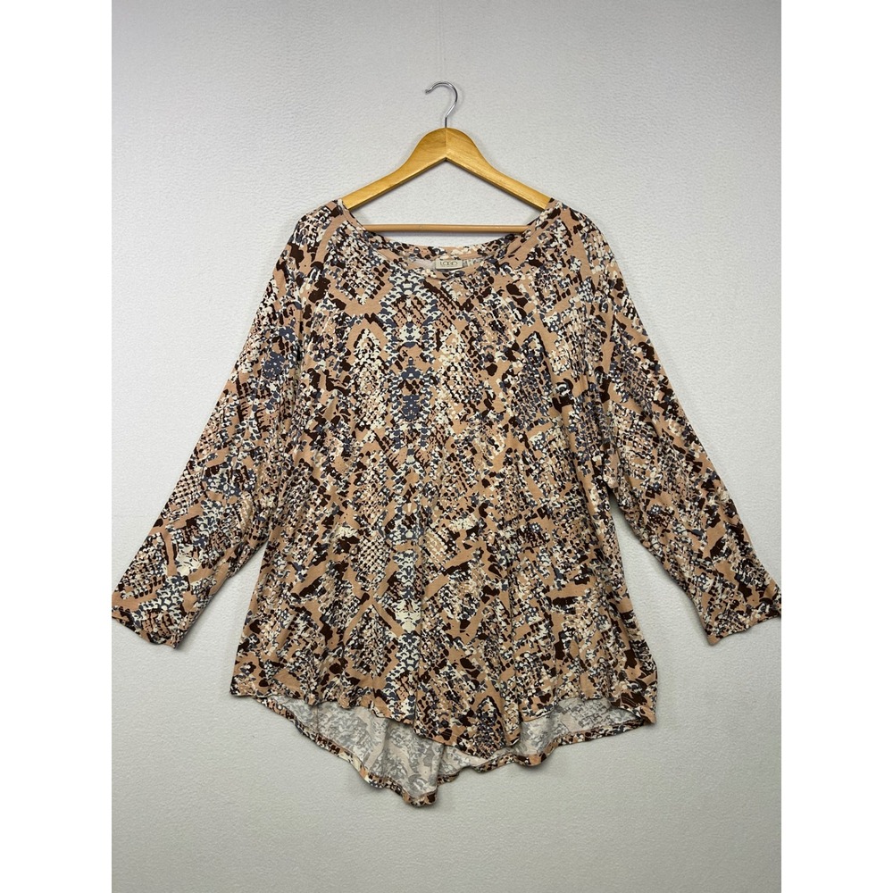 Boho Animal Print LOGO Lori Goldstein Womens 3X Tan Snakeskin Sharkbite Tunic
